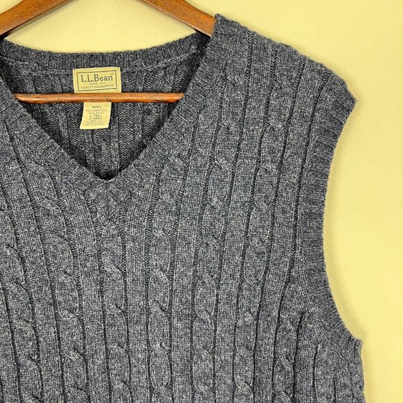 LL Bean Lambswool Sweater Vest Mens Large Tall LT Blue Cable Knit V Neck Classic - Picture 4 of 7